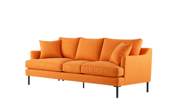 A vibrant orange sofa with six pillows, black legs, and a white background creates a cozy and stylish living space