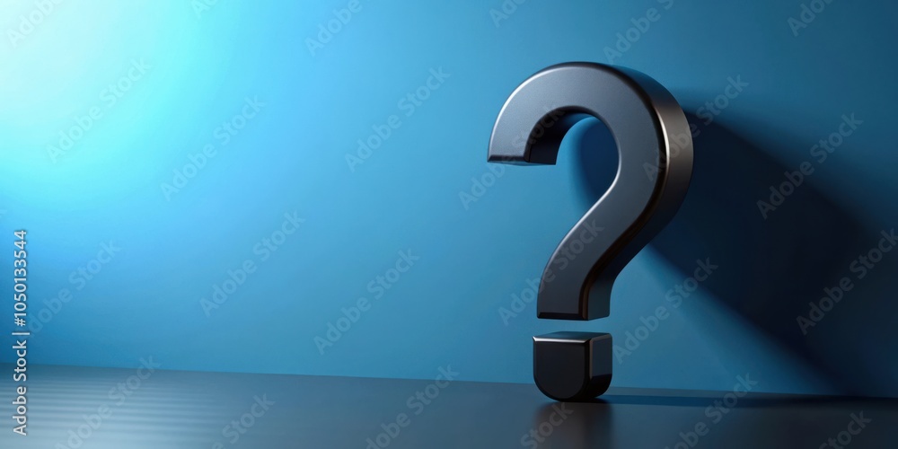Leinwandbilder a 3d rendering of a black question mark against a blue wall with a subtle light source