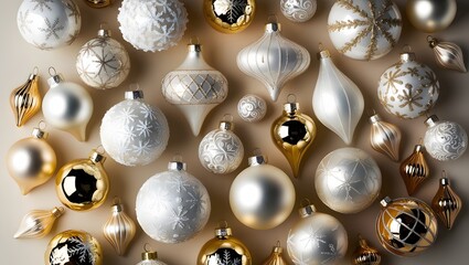 A majestic still life of Christmas ornaments in white and gold, adorned with intricate designs, glistening with a warm, festive shine, on a subtle, creamy background, evoking a sense of luxury 