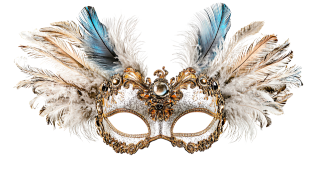 Elegant Venetian mask with feathers and decorative details, perfect for festivals, parties, or theatrical performances.