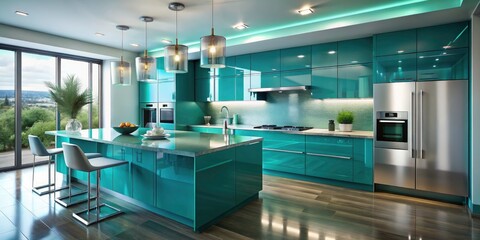 Naklejka premium Modern Luxury Kitchen Interior in Blue Turquoise and Aquamarine Colors - Glossy Finishes, Contemporary Design, Stylish Decor, Open Space, Elegant Appliances, and Sophisticated Ambiance