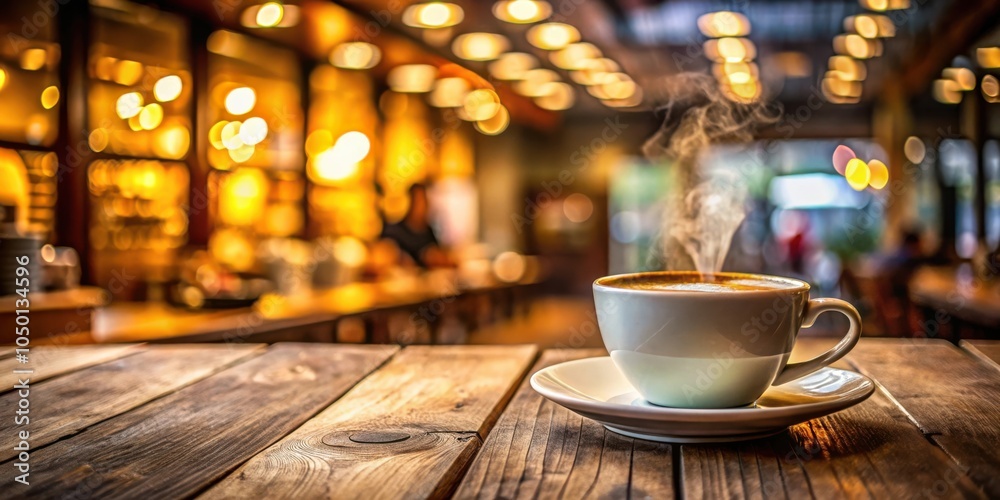 Poster a steaming cup of coffee sits on a rustic wooden table in a cozy cafe, with a warm and inviting atmo