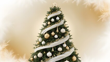 A majestic Christmas tree stands tall, adorned with elegant gold and white ornaments, garlands, and decorative accents, evoking a sense of luxury and sophistication, amidst a soft, creamy white 