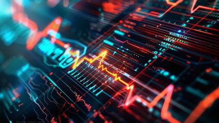 Obraz premium A vibrant image of a heartbeat monitor with animated pulse lines and medical data, set against a dark, digital background