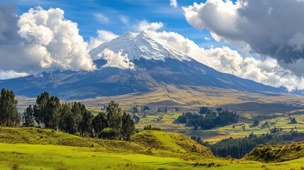 Obraz premium Majestic Snow-Capped Volcano Surrounded by Lush Greenery Under a Dramatic Sky