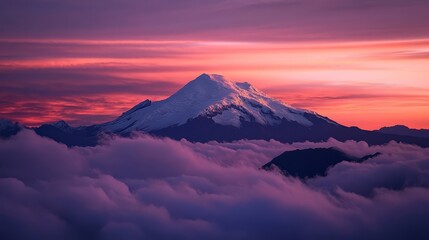 Naklejka premium Snow-Capped Mountain at Sunset with Colorful Cloudscape
