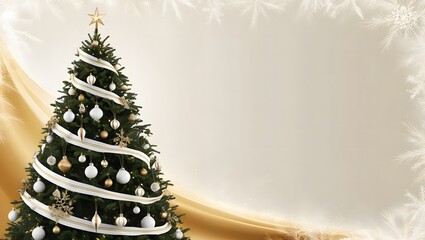 A majestic Christmas tree stands tall, adorned with elegant gold and white ornaments, garlands, and decorative accents, evoking a sense of luxury and sophistication, amidst a soft, creamy white 