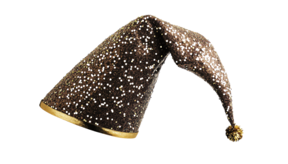 A festive party hat covered in glitter, perfect for celebrations and special occasions, adding sparkle to any event.