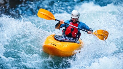 A kayaker paddles through a fast-moving river.