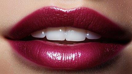 Obraz premium Close-up of shiny burgundy lips with natural teeth