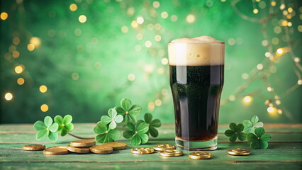 Dark beer with foam amid St. Patrick's Day decorations