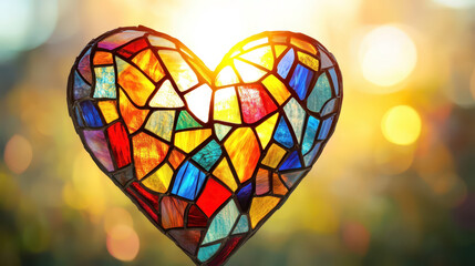 Vibrant stained glass heart with sunlight illuminating colorful patterns. Horizontal banner. Copy space. Happy Valentine's day