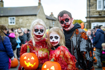 A Halloween parade with people in creative and spooky costumes.