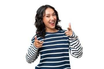 Young Argentinian woman over isolated background pointing to the front and smiling
