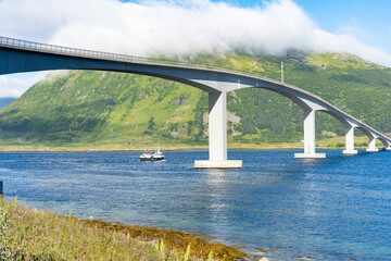 Landscape of Gimsoystraumen Bridge in the Lofoten islands, Norway