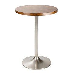 A round wooden table with a dark brown top and a silver metal base stands on a silver column, showcasing a minimalist design with a polished wood surface and a sleek, modern aesthetic