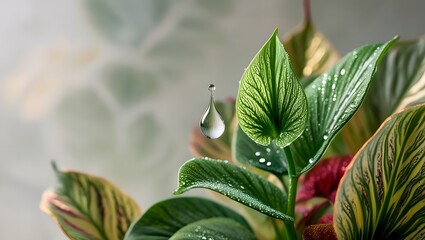 a solitary, glistening drop of water glistens on the delicate petal of a lush, emerald green ornamental plant, surrounded by intricately patterned leaves with subtle hints of gold.