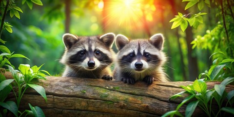 Obraz premium Playful Raccoons Peeking from Behind a Log in a Forest Setting - Aerial View of Nature's Mischief with Adorable Wildlife