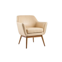 A beige leather armchair with wooden legs and a curved backrest is centrally positioned against a white background, showcasing its elegant design and minimalist aesthetic