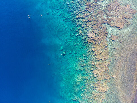 Aerial view of a vibrant coral reef meeting the deep blue ocean.