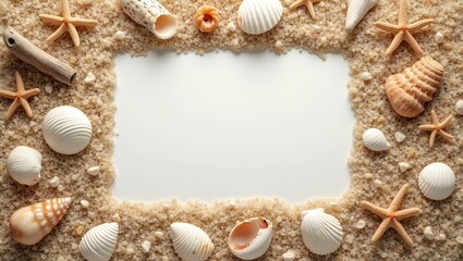 Obraz premium Tranquil beach scene with seashells starfish and driftwood on sand