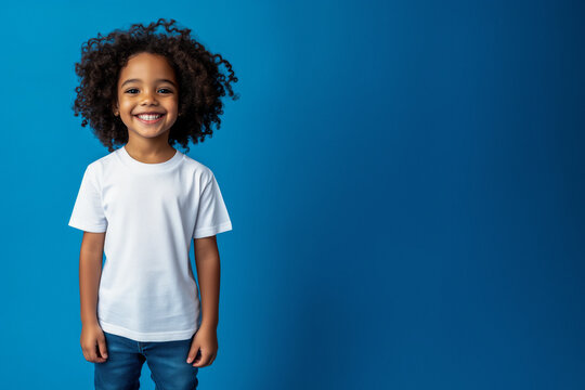 A young boy with big, curly hair and a bright smile stands confidently against a solid blue background in a white T-shirt, radiating childhood warmth and cheerfulness. Concept: joyful innocence