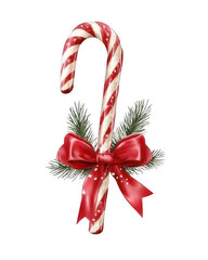 Candy cane with red bow and holly leaf, Christmas decoration isolated on transparent background, cutout PNG file.