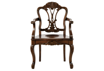 A dark wooden chair with intricate carvings and a curved backrest is displayed against a white background, showcasing its craftsmanship and elegance