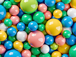 A pile of shiny reflective blue, green, yellow and pink plastic balls background