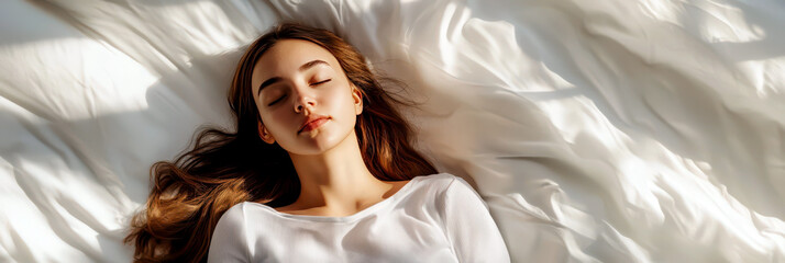 Beautiful woman in white bed with closed eyes. white background. Top view. World Sleep Day. Rest and relax. Horizontal banner. Copy space. Awareness about importance of sleep and insomnia problem