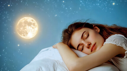 World Sleep Day. Young beautiful woman sleeping in bed on starry sky background with full moon. Rest and relax. Horizontal banner. Copy space. Awareness about importance of sleep and insomnia problem