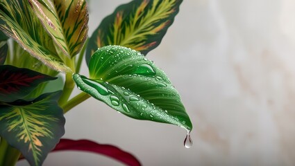 a solitary, glistening drop of water glistens on the delicate petal of a lush, emerald green ornamental plant, surrounded by intricately patterned leaves with subtle hints of gold.