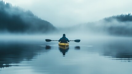 A lone kayaker paddles through a tranquil lake shrouded in fog.