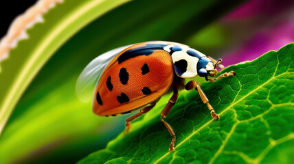 Fototapeta premium A ladybug is on a leaf