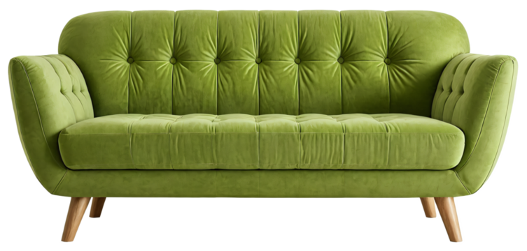 A modern, green velvet sofa with tufted backrest and wooden legs is the focal point of the image, set against a white background, exuding elegance and sophistication