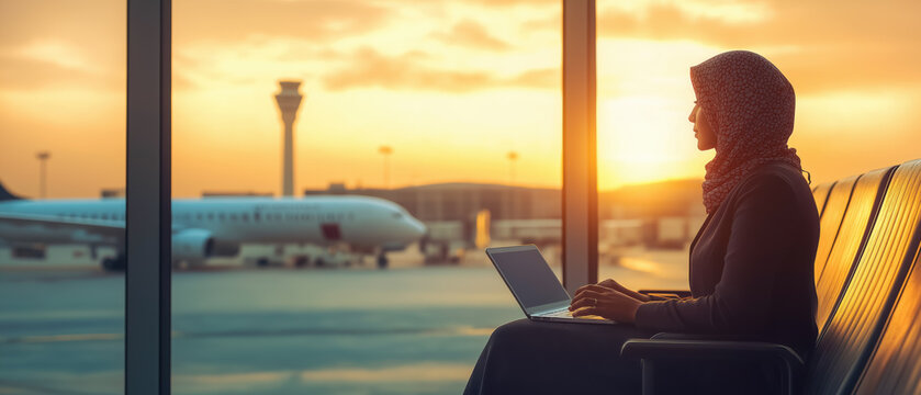Middle eastern woman waiting at airport hall, working on a laptop, airplane visible behind window during evening sunset light. Generative AI - Powered by Adobe