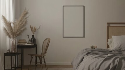 Minimalist Bedroom Interior with Blank Wall Art Space