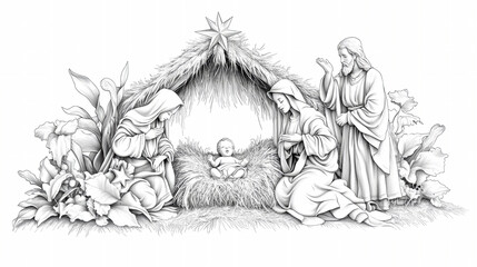 Black and white pencil drawing of the Nativity scene featuring baby Jesus in the manger alongside Mary and Joseph under a starry background © Anoo