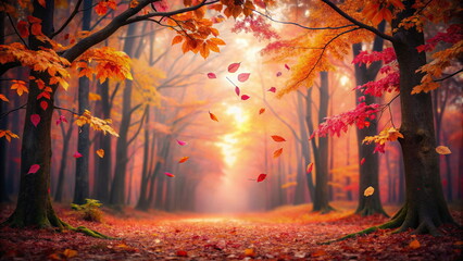 Fototapeta premium Vibrant autumn forest with falling leaves at sunset