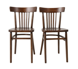Two identical wooden chairs with curved backrests and straight arms face the same direction, showcasing their unique design and contrasting colors against a white background