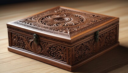 A handcrafted wooden box with intricate carvings, showcasing the beauty of artisanal craftsmanship, Generative AI