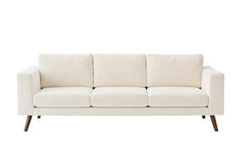A white, three-seater sofa with wooden legs and a comfortable, plush fabric is the central focus of a minimalist, white background image, inviting relaxation and tranquility