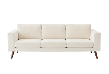 A white, three-seater sofa with wooden legs and a comfortable, plush fabric is the central focus of a minimalist, white background image, inviting relaxation and tranquility