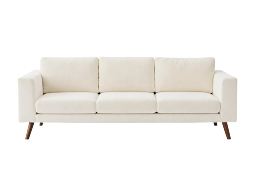 A white, three-seater sofa with wooden legs and a comfortable, plush fabric is the central focus of a minimalist, white background image, inviting relaxation and tranquility