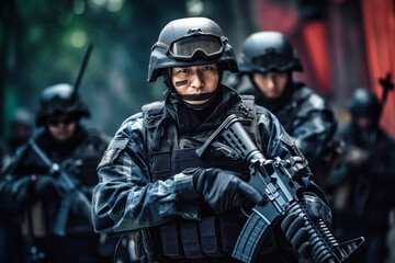 Naklejka premium Chinese soldier in tactical gear stands alert with his weapon, preparing for a mission in an urban environment during training exercises