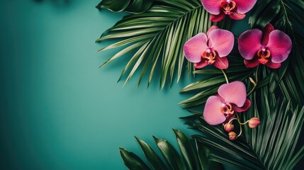 Obraz premium Palm leaves and bright orchids on a fresh green background, offering a tropical vibe for summer marketing materials.