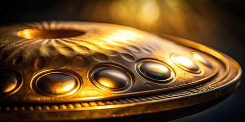 The golden surface of a handpan instrument, illuminated by warm light, reveals intricate patterns and raised circles that create a mesmerizing visual effect.