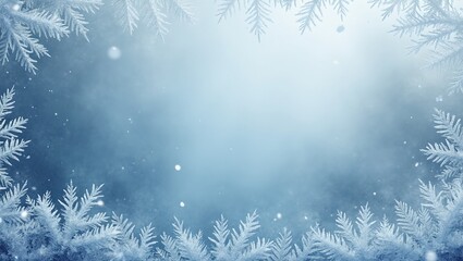 Cold winter frost patterns on blue background with icy crystals