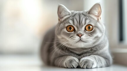Shorthair cat with expressive eyes, sitting gracefully with clean, minimal background. Ideal for use in pet-related content with ample space for text.