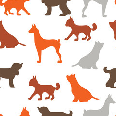 Fototapeta premium Vector seamless repeating childish pattern with cute dogs, cats in Scandinavian style. Animals background with dog, cat, pets, puppy for invitation, poster, card, flyer, textile, fabric